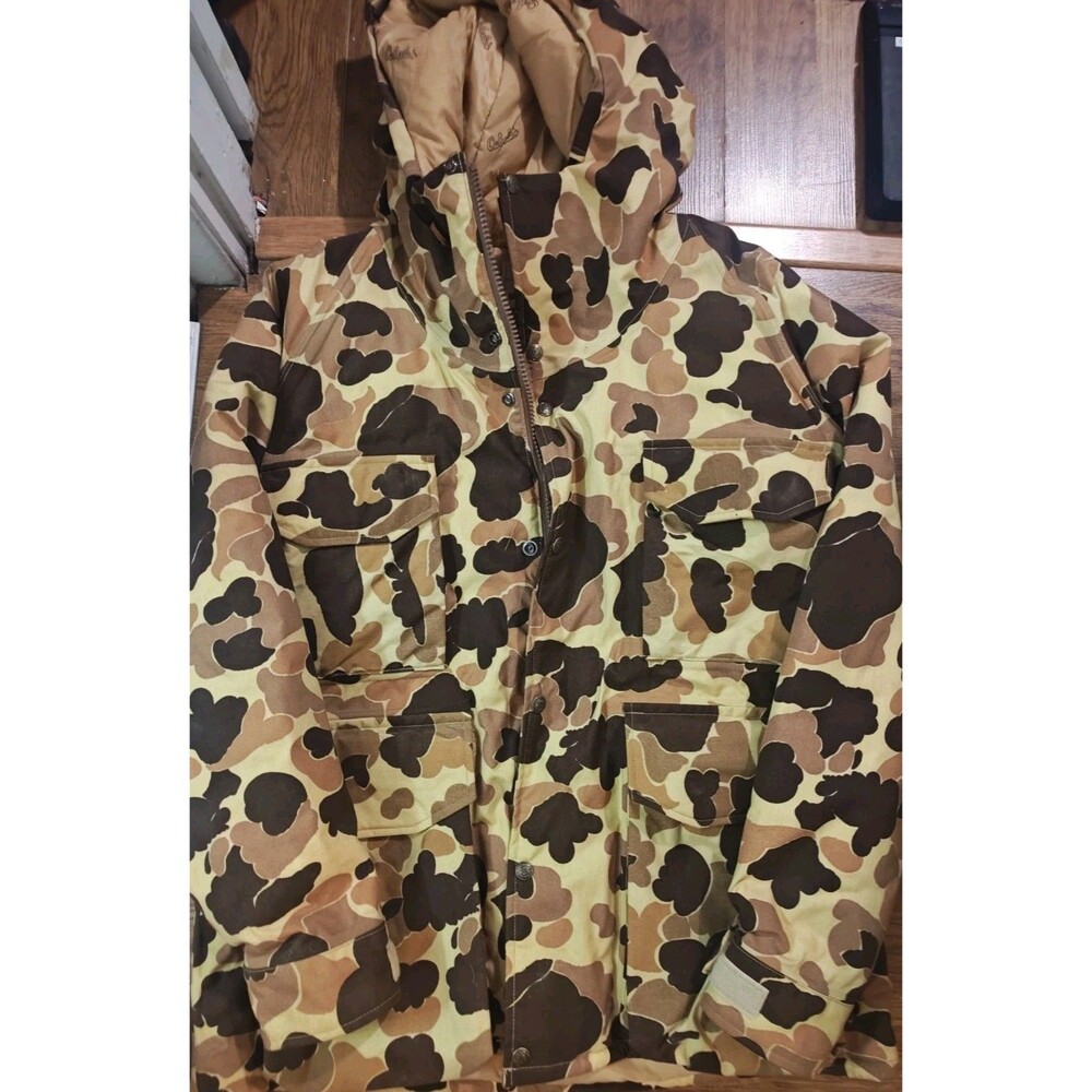 VTG Cabela's Duck Camo Goretex Heavy Hooded Hunting Jacket Mens Large USA Made